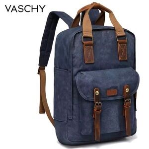 VASCHY Vintage Man Women  Leather Canvas Explorer Laptop Backpack Blue